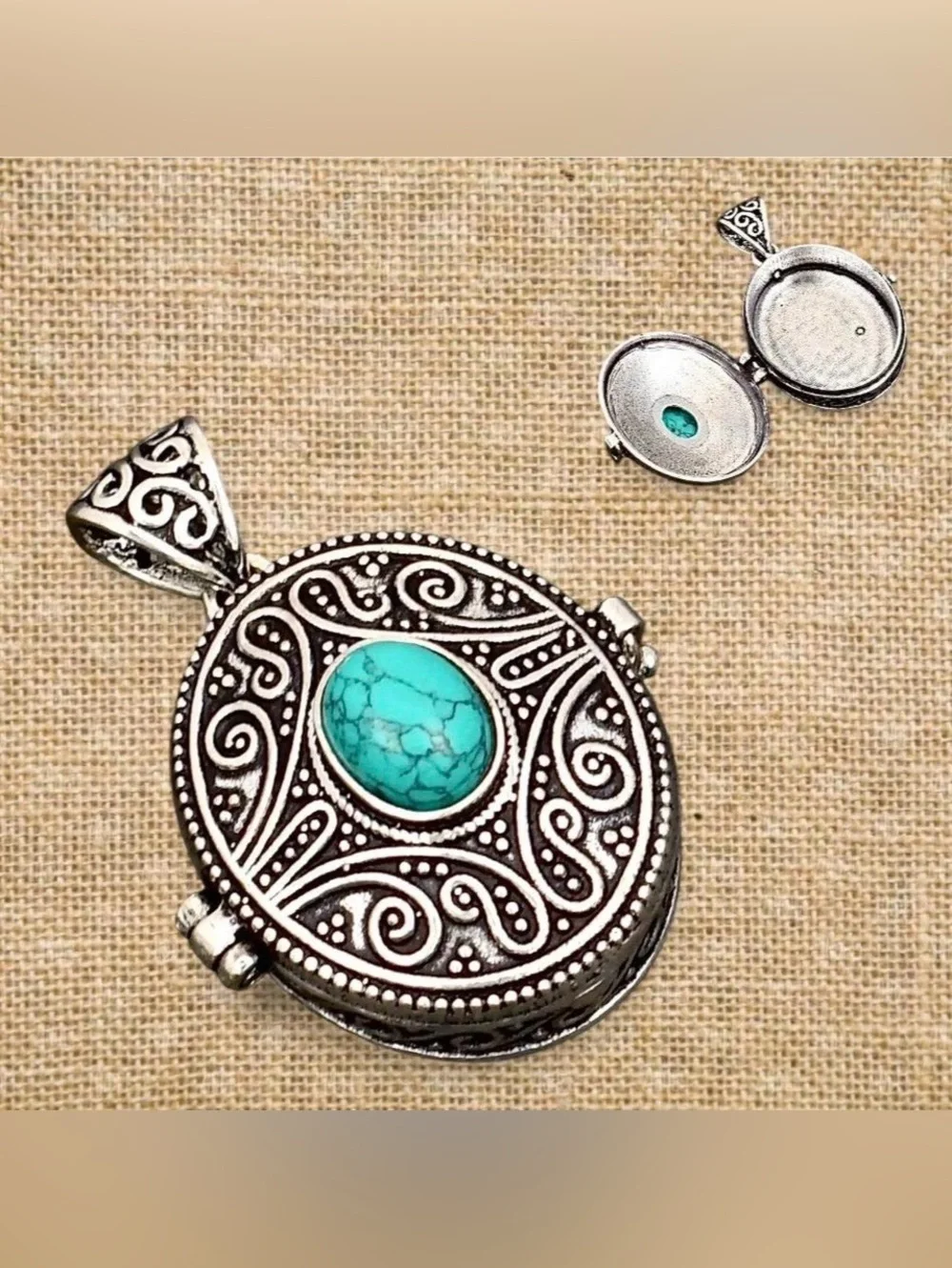 Ornate Vintage Design Turquoise Poison Pill 925 Silver Locket 1.5” Pendant